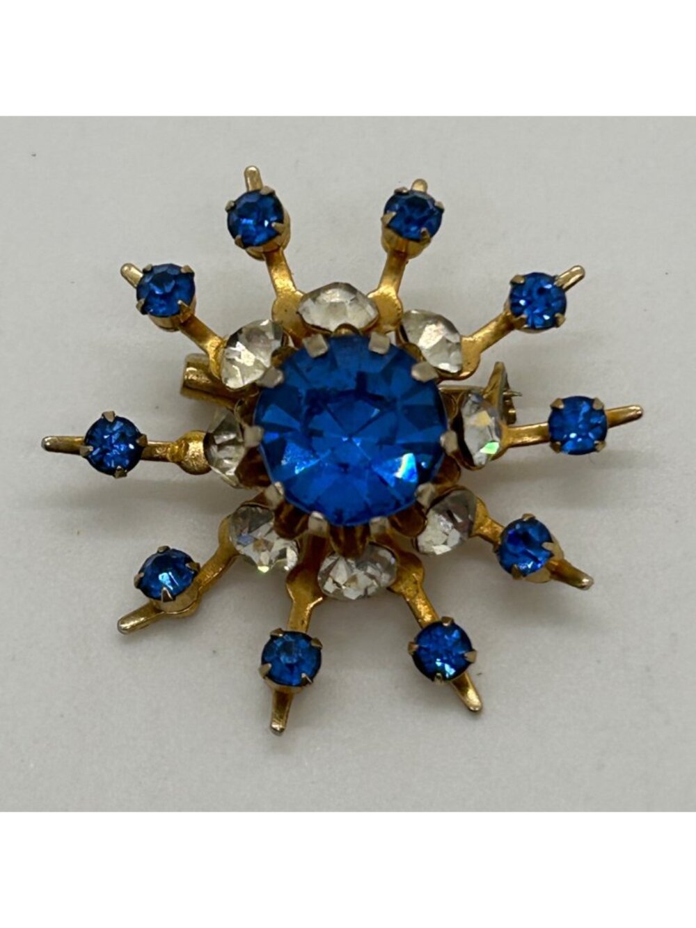 CORO Blue Rhinestone Brooch Pin 1950 Atomic MCM Starburst Gold Tone READ Vintage
